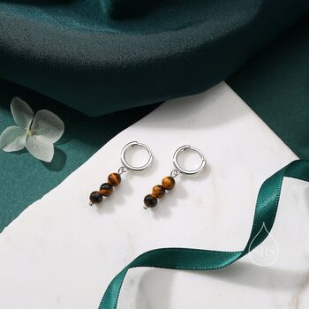 Sterling Silver Genuine Tiger's Eye Stone Trio Huggie Hoop Earrings, 2 of 10