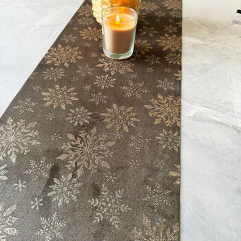 Velvet Christmas Table Runner With Copper Snowflakes Chocolate Brown 3m, 2 of 3