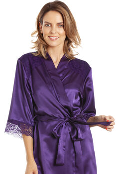 British Made Purple Short Satin Dressing Gown With Lace Detail, 3 of 5