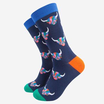 Men's Rainbow Highland Cow Print Bamboo Socks Navy Blue, 2 of 4