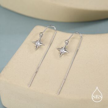 Sterling Silver Cz Starburst U Shape Threader Earrings, 2 of 11