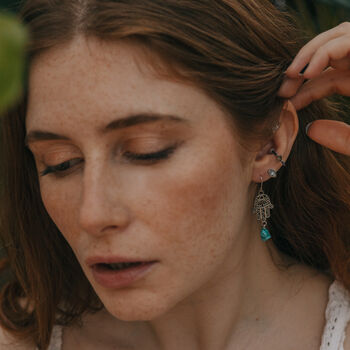 925 Sterling Silver Hamsa Hand Turquoise Earrings, 2 of 3