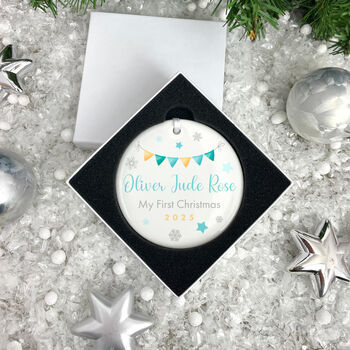 My First Christmas Baby Boy Garland Ceramic Disc Hanging Decoration Bauble + Gift Box, 2 of 6
