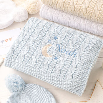 Personalised Grey Baby Blanket – Moon And Stars Name Embroidery, 4 of 12