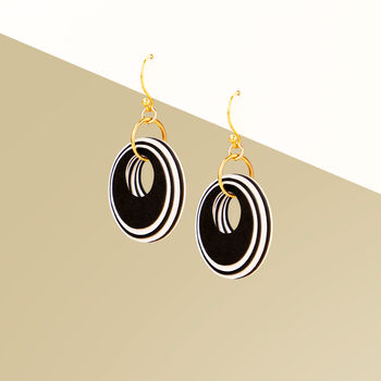 Black And Pearlescent White Circular Earrings • Gold Plated Sterling Silver Hooks, 5 of 9