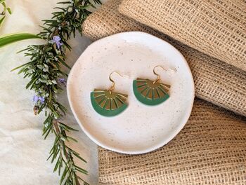 Sunset Leafy Green Brass Art Deco Acrylic Hook Fan Earrings, 3 of 6