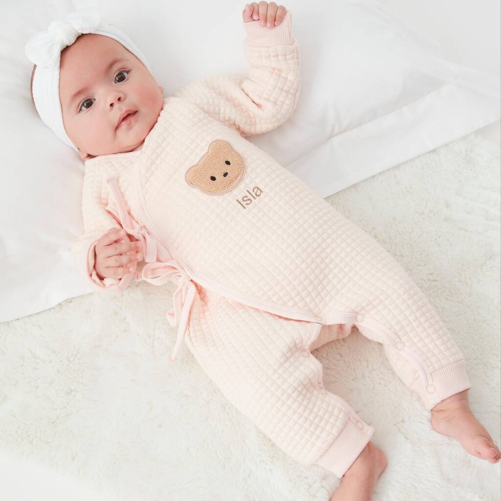 Personalised Pink Quilted Teddy Bear Boucle Romper By Babbico