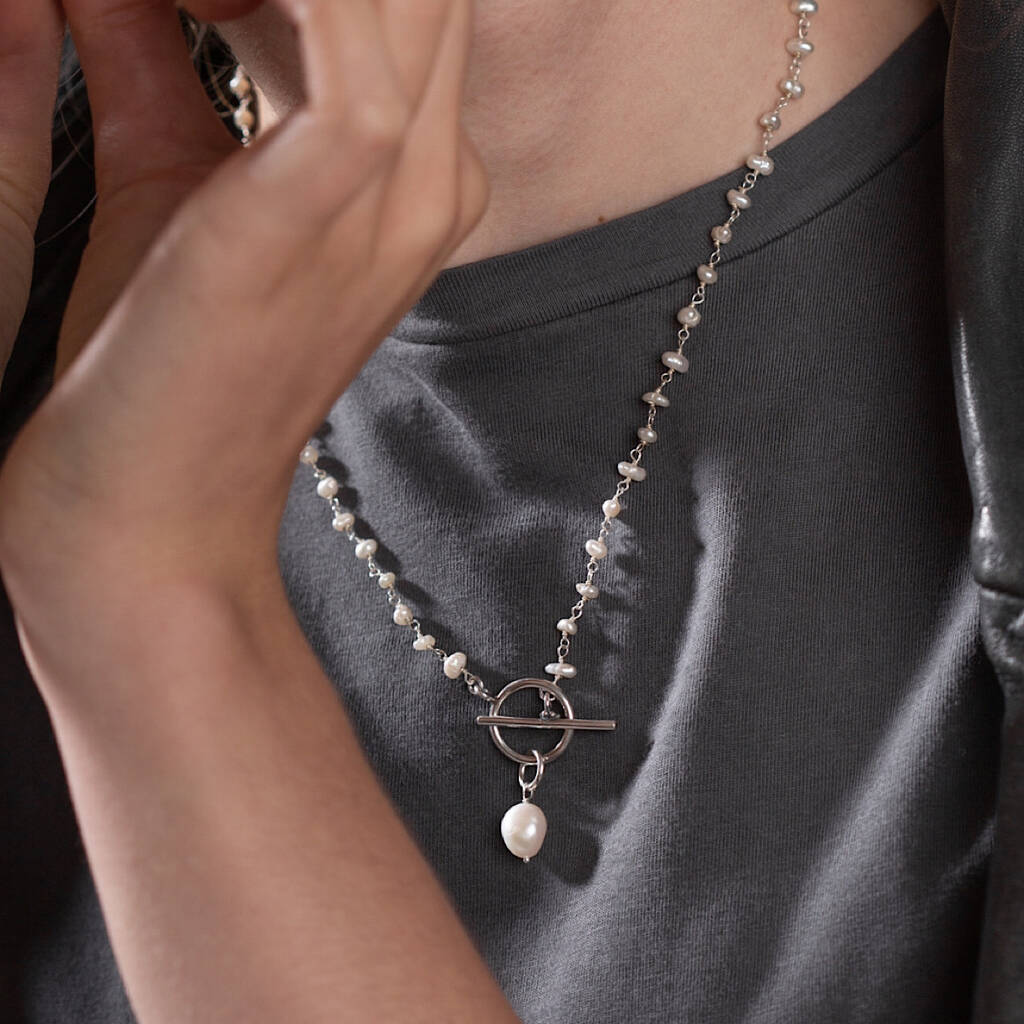 Sterling Silver And Pearl T Bar Necklace By Clover and Swift