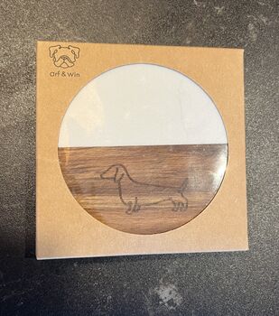 Dachshund Engraved Acacia Wood And White Marble Coaster In Gift Box, 2 of 2