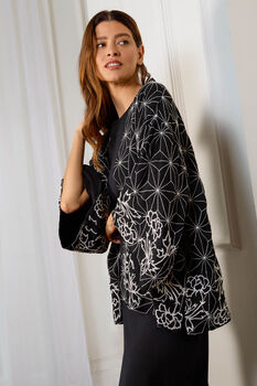 Asanoha And Peony Embroidered Black And Ivory Fully Lined Short Kimono, 6 of 7