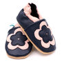 Dotty Fish Pink And Navy Flower Soft Leather Baby Shoes With Barefoot Soles, thumbnail 5 of 8