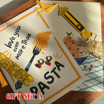Pasta Gift Sets For Carb Lovers And Foodies – “Let’s Eat Pasta” And “Love You More Than Pasta” A4 Art Prints, Tomato Charm Earrings, Bookmark And Greeting Card, 2 of 12