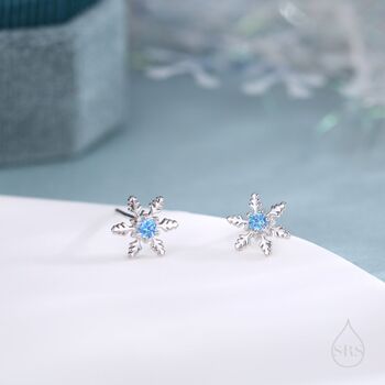 Blue Cz Snowflake Stud Earrings In Sterling Silver, 6 of 12