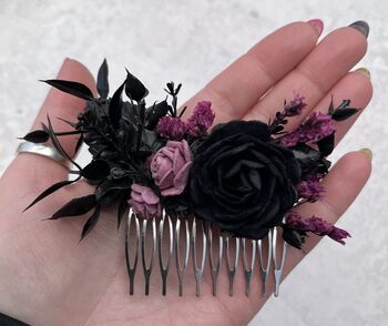 Black And Purple Gothic Wedding Flower Hair Comb, 2 of 5