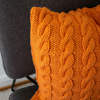 Hand Knit Plaited Cable Knit Cushion In Apricot, 2 of 3