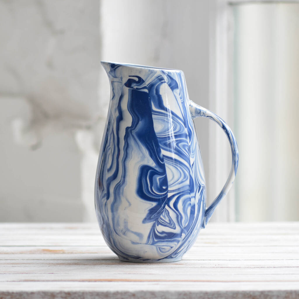 Marbled Blue And White Ceramic Water Jug, 1 of 4