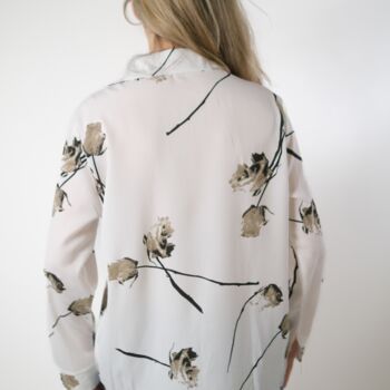 White Chiffon Long Sleeve Floral Printed Loose Shirt, 4 of 4