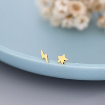 Sterling Silver Mismatched Star And Lightning Bolt Stud Earrings, 7 of 12