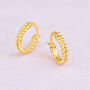 Gold Double Bead Hinged Mini Huggie Hoop Earrings, thumbnail 3 of 7