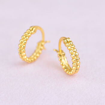 Gold Double Bead Hinged Mini Huggie Hoop Earrings, 3 of 7