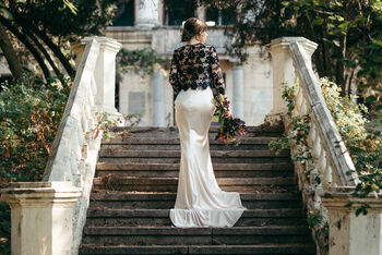 Black Macrame Lace Top Long Sleeved Wedding Dress Topper, 8 of 10