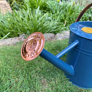 Pair Of Heritage Blue And Copper Watering Cans, 8 of 12
