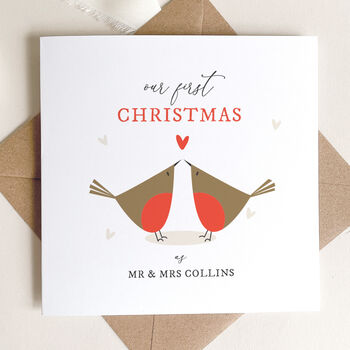 Personalised Our First Christmas As A Married Couple Card: Robins With Red Heart Design, 3 of 5