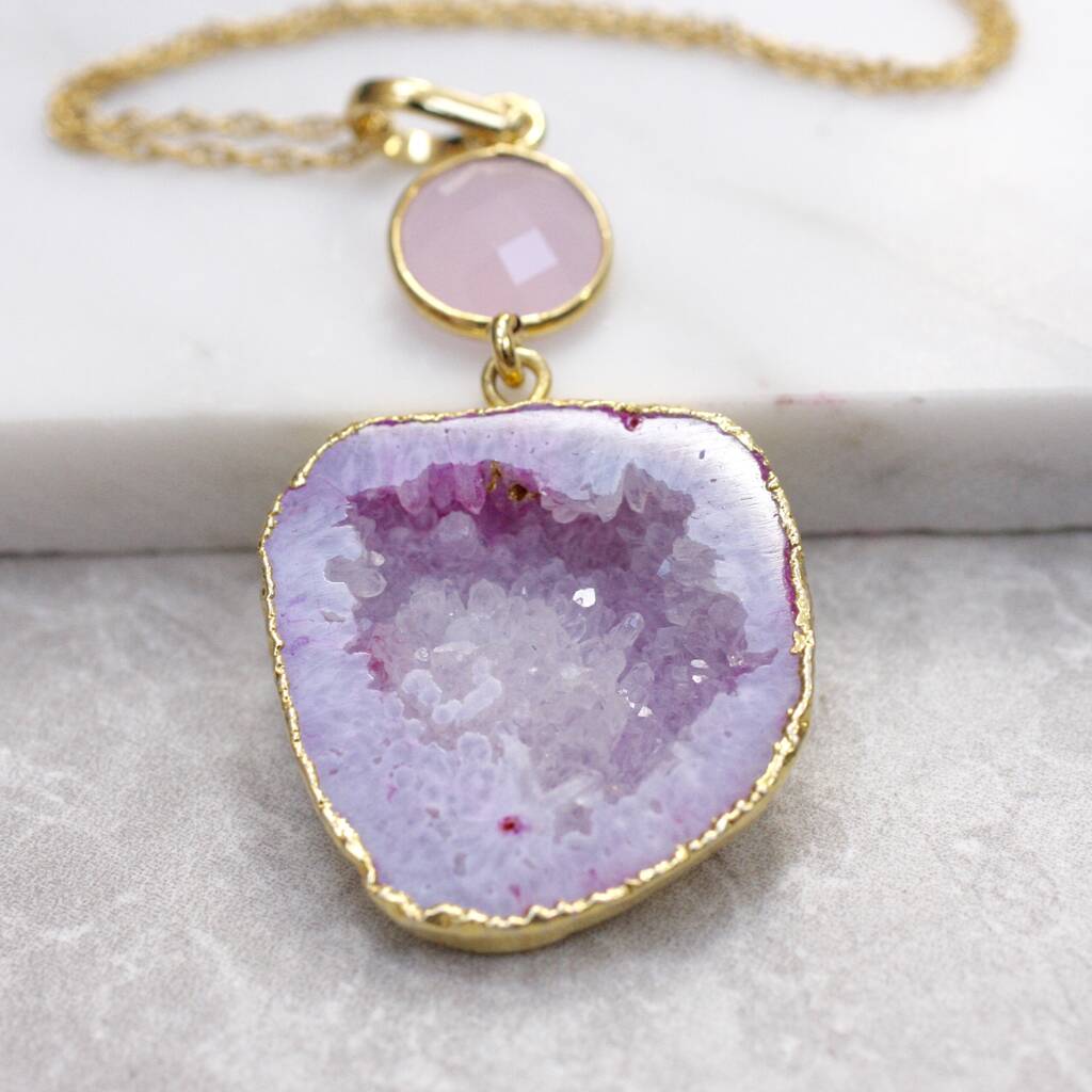 Pink Druzy Geode Gemstone Necklace By Magpie Living