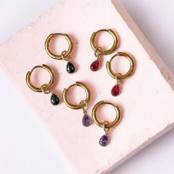 Huggie Hoop Earrings With Teardrop Birthstone Detail, 3 of 8