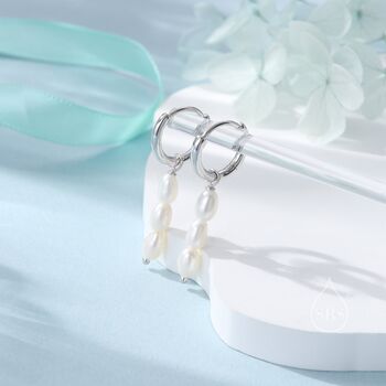 Sterling Silver Natural Oval Pearl Trio Huggie Hoop Earrings, 3 of 11