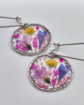 Pressed Flowers Circle Drop Earrings Small Hand Made, 4 of 10