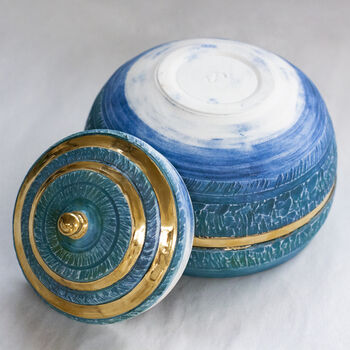 Handmade Blue Porcelain Chattered Lidded Pot 24 C Gold, 3 of 7