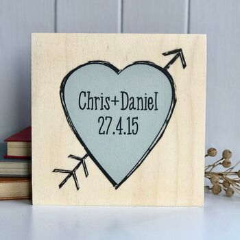 Love Heart With Names And A Date Printed On Wood, 4 of 11