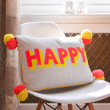 Embroidered Bright Happy Pom Pom Cushion, 6 of 8