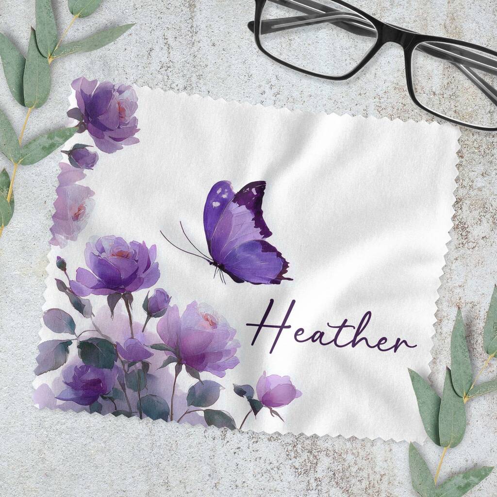 Personalised Purple Flowers Butterfly Glasses Cloth