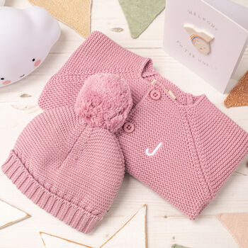 Luxury Dawn Pink Bobble Hat And Cardigan Baby Gift Set, 2 of 10