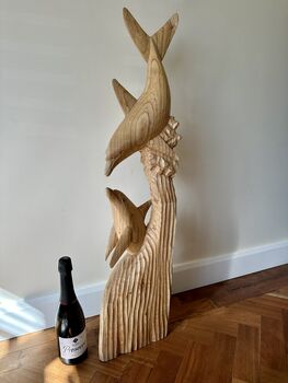 1m Tall Huge Hand Carved Wooden Mother And Baby Dolphin Ornament, 2 of 12