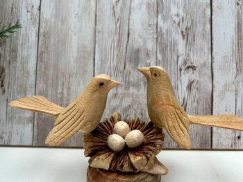 Wooden Bird Ornament Love Birds On Nest With Mushroom, 4 of 9