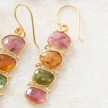 Watermelon Tourmaline Pebble Diamond Drop Earrings, 3 of 10