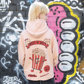 Sweet And Salty Unisex Peach Hoodie With Popcorn Mascot, 3 of 6