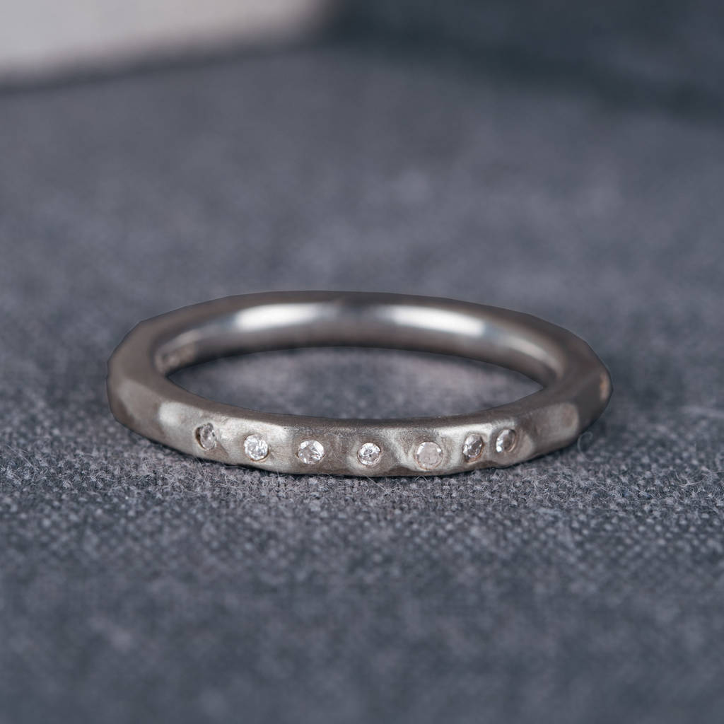 Platinum Hammered Wedding Ring With Diamonds, 1 of 3