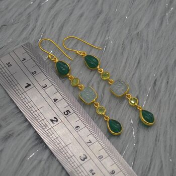 Green Onyx Jade Dangle Drop Gold Earrings, 5 of 8