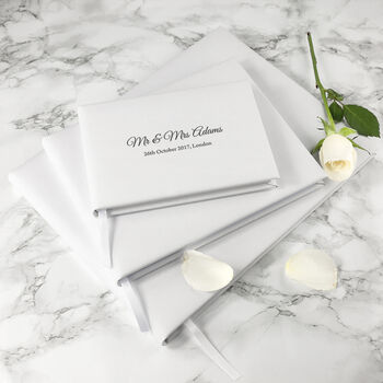Engraved White Leather Wedding Guest Book, 10 of 12