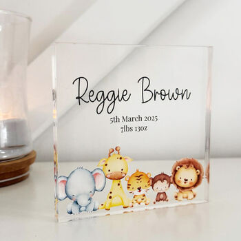 Personalised Safari Animal Acrylic Keepsake Block New Baby, 4 of 6