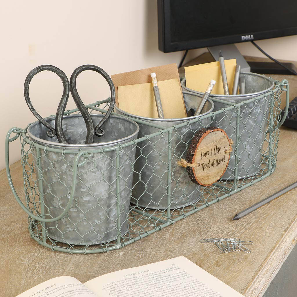 Personalised Sage Green Desk Tidy Pots In Basket By Dibor