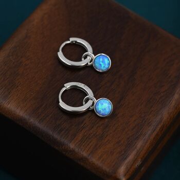 Sterling Silver Dangling Blue Opal Hoop Earrings, 5 of 11