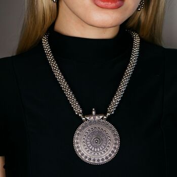 Long Silver Disc Statement Pendant Necklace Jewellery, 3 of 7