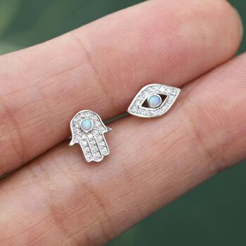 Mismatched Hamsa Hand And Evil Eye Cz Stud Earrings In Sterling Silver With Blue Opal, 5 of 12