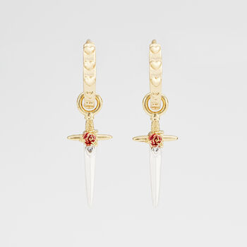 Gold Rose And Dagger Huggie Earrings, 2 of 9