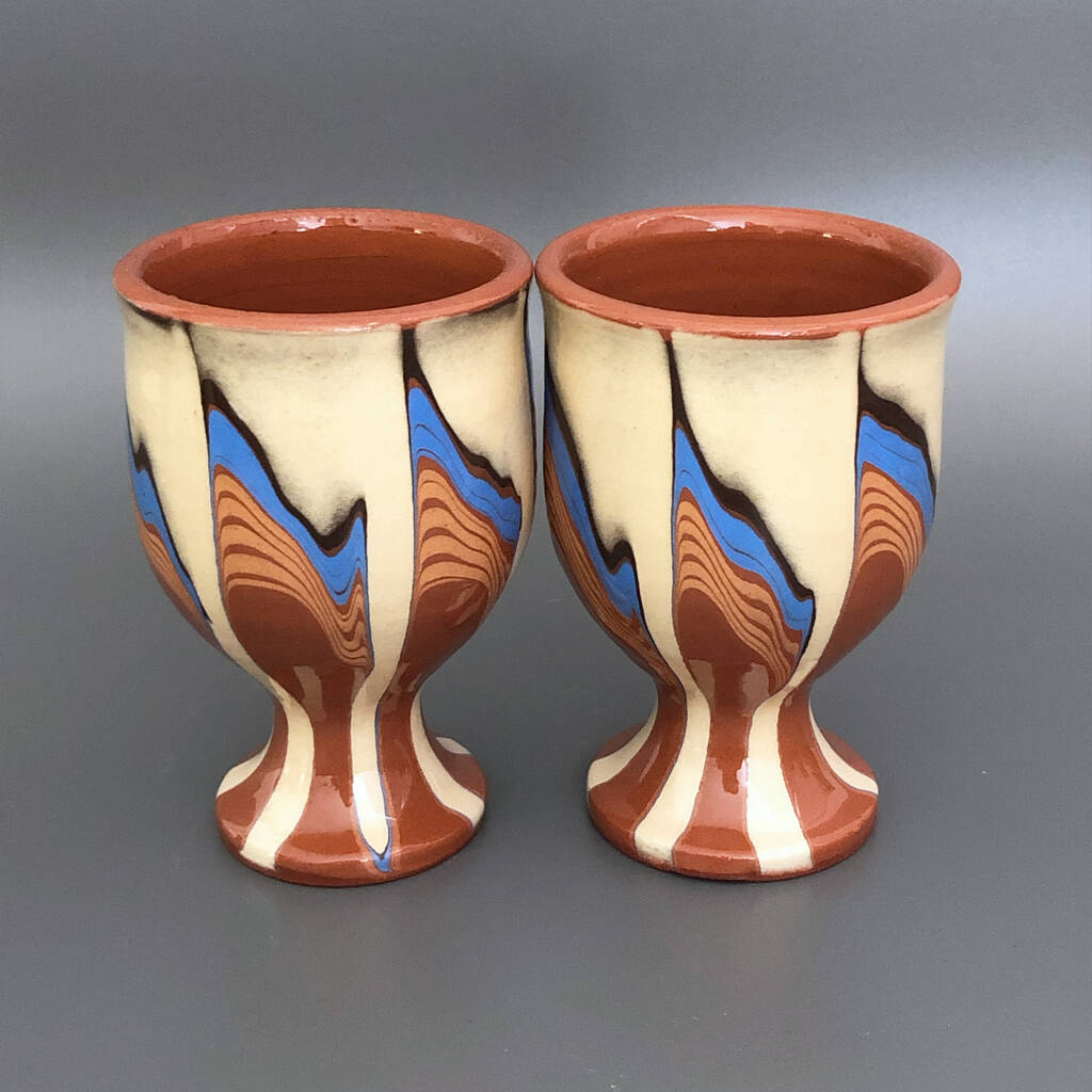 Pair Of Stoneware Wine Glasses In Blue And Beige, 1 of 6